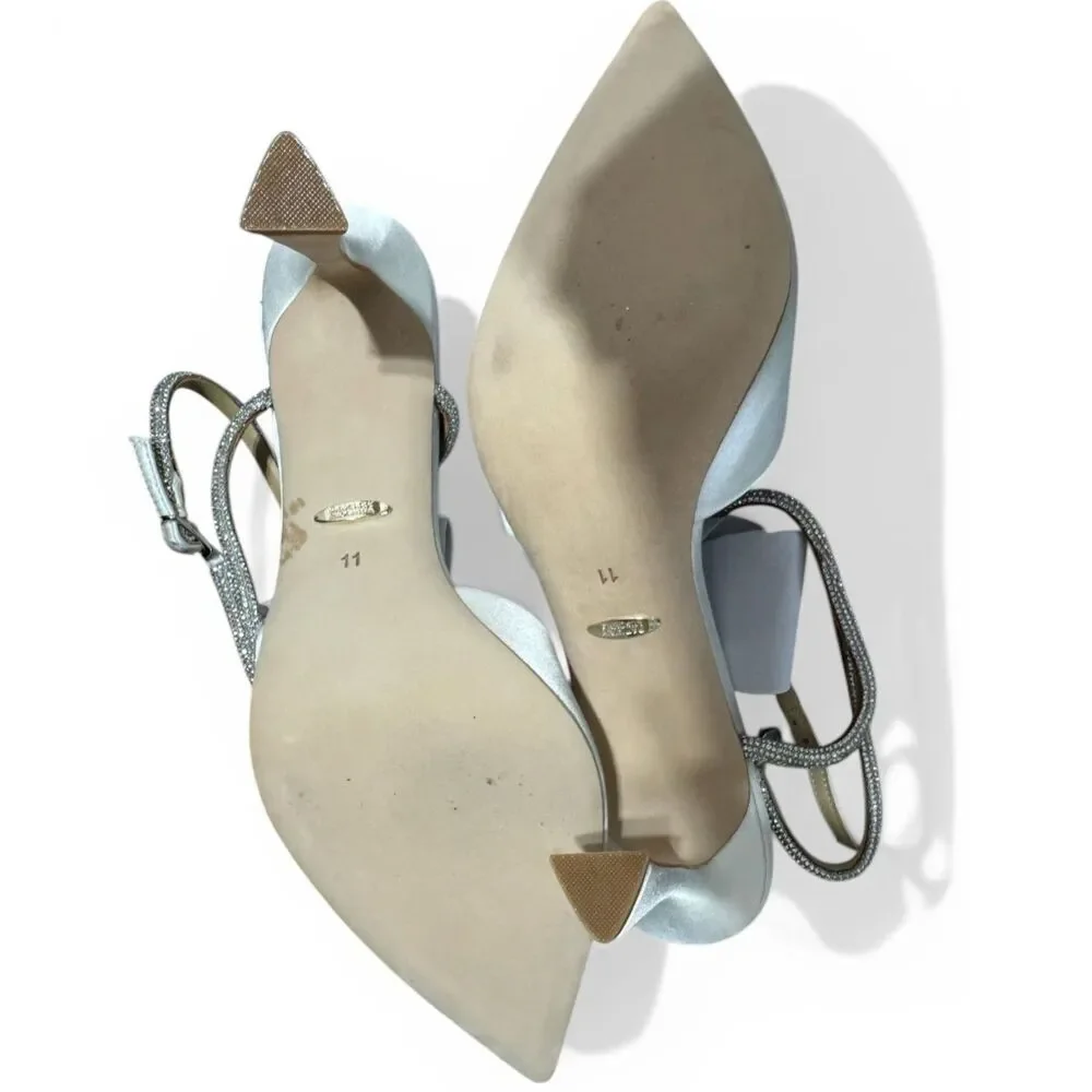 Badgley Mischka Kamilah Crystal Slingback Bridal Heels Sz 11 Ivory Satin Wedding - Picture 4 of 6